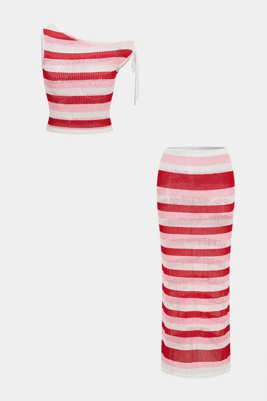 Contrast Stripes One Shoulder Tie-Up Cami Top And Skirt Set sold by Micas