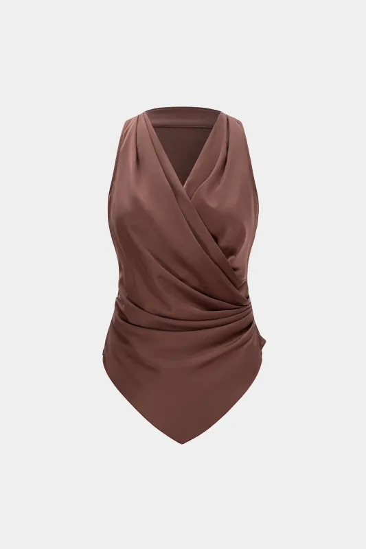 Satin Crossed V-Neck Asymmetrical Ruched Tank Top sold by Micas