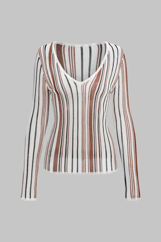 Knit Stripes Print V-Neck Long-Sleeve Top sold by Micas