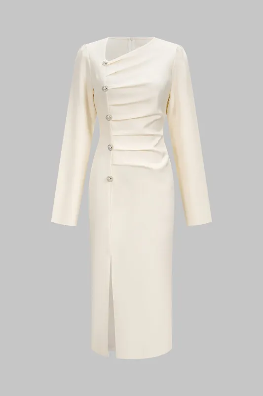 Asymmetrical Ruched Button Side Slit Long Sleeve Midi Dress made by Micas