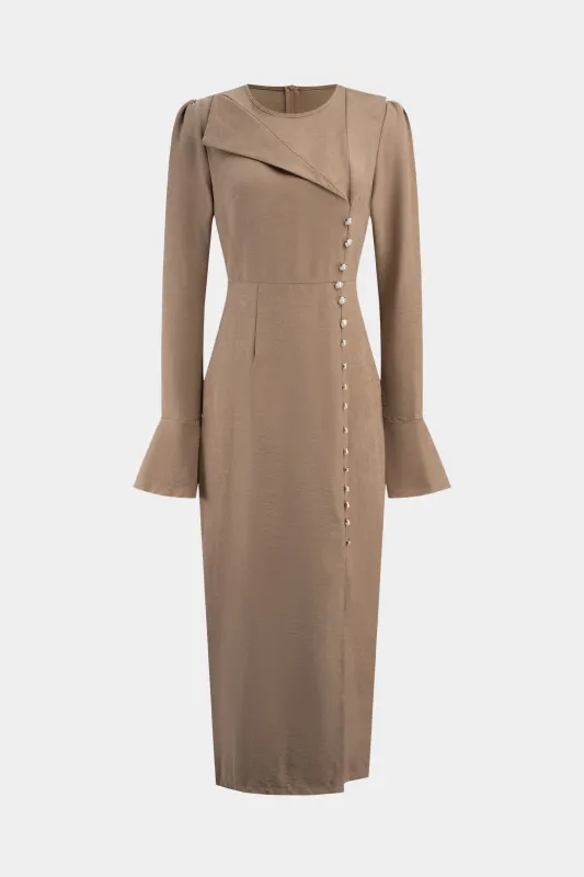 Round Neck Asymmetrical Button Long Sleeve Maxi Dress made by Micas