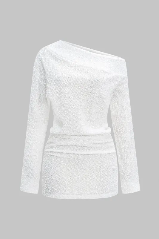 Jacquard Asymmetrical Shoulder Ruched Long Sleeve Mini Dress sold by Micas