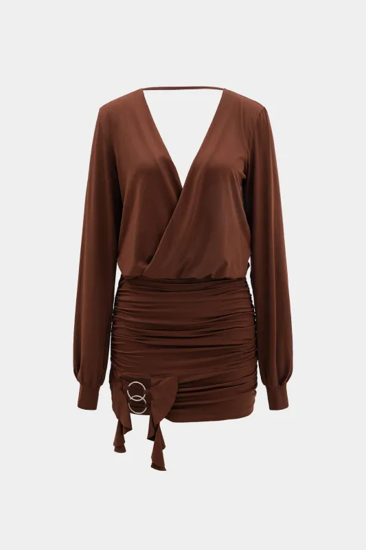 Backless Deep V-Neck Crossed Ruched Long Sleeve Mini Dress sold by Micas