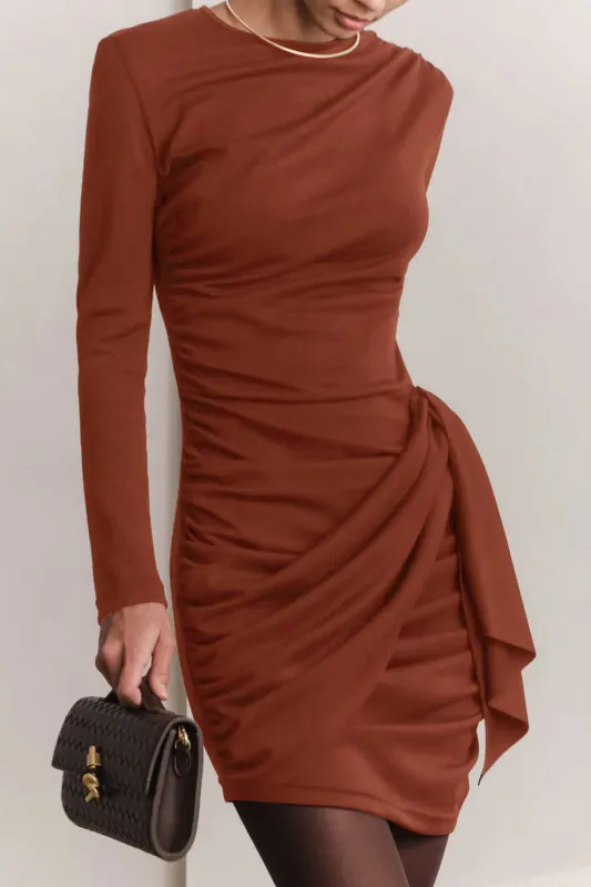 Ruched Round Neck Tie Up Long Sleeve Mini Dress sold by Micas