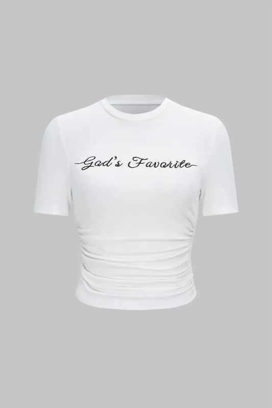 Letter Embroidery Round Neck Ruched Short Sleeve T-Shirt sold by Micas