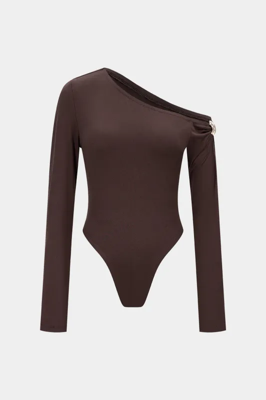 Solid Metallic Decor One Shoulder Long Sleeve Bodysuit sold by Micas