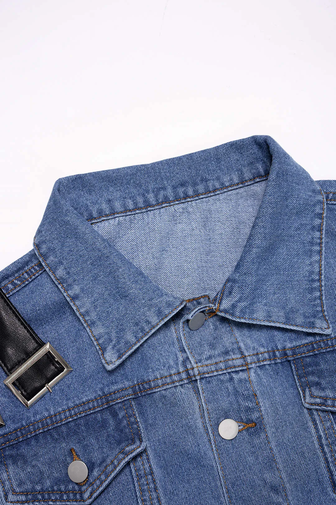 Denim Patchwork Faux Leather Asymmetrical Button Outerwear sold by Micas product image thumbnail 3