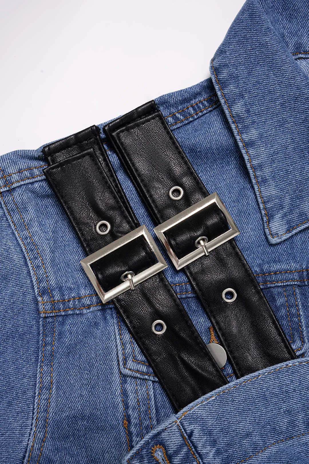 Denim Patchwork Faux Leather Asymmetrical Button Outerwear sold by Micas product image thumbnail 4