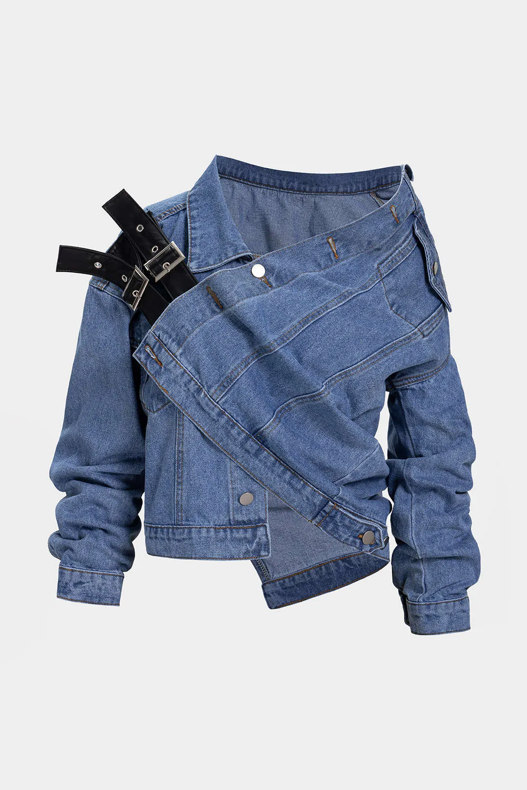 Denim Patchwork Faux Leather Asymmetrical Button Outerwear sold by Micas