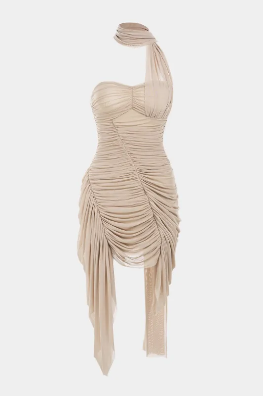 Mesh Patchwork Asymmetrical Ruched Backless Ruched Sleeveless Mini Dress With Scarf sold by Micas