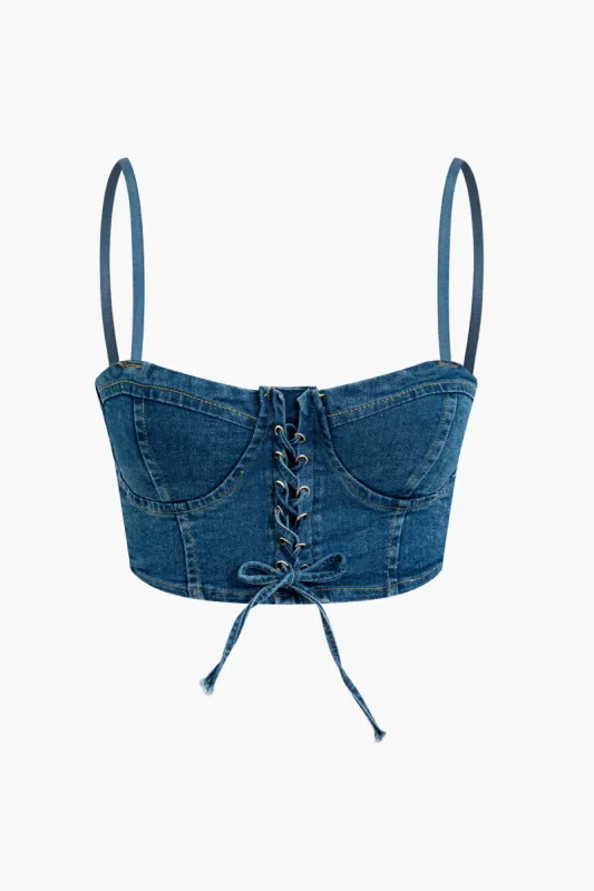 Denim Lace-Up Corset Crop Cami Top sold by Micas