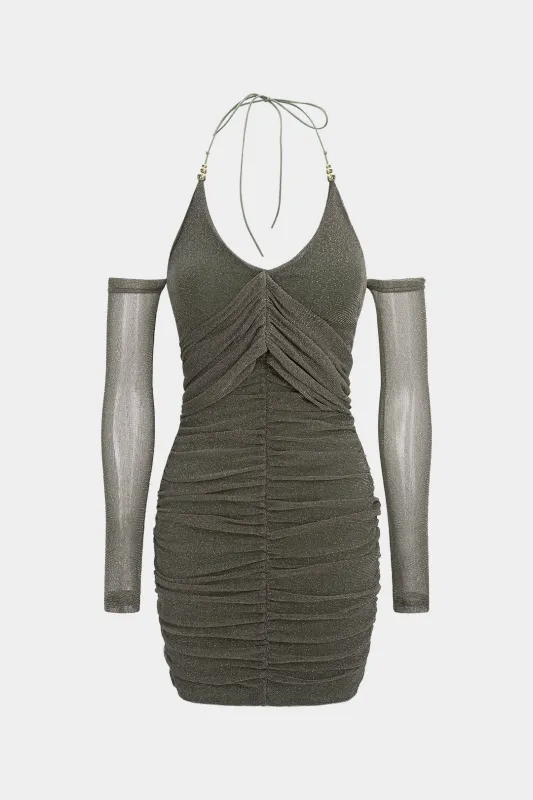 Mesh Halter Neck Ruched Tie Up Backless Long Sleeve Mini Dress sold by Micas