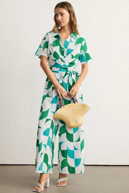 Contrast Geometric Print Lapel Tie-Up Short Sleeve Jumpsuit sold by Micas