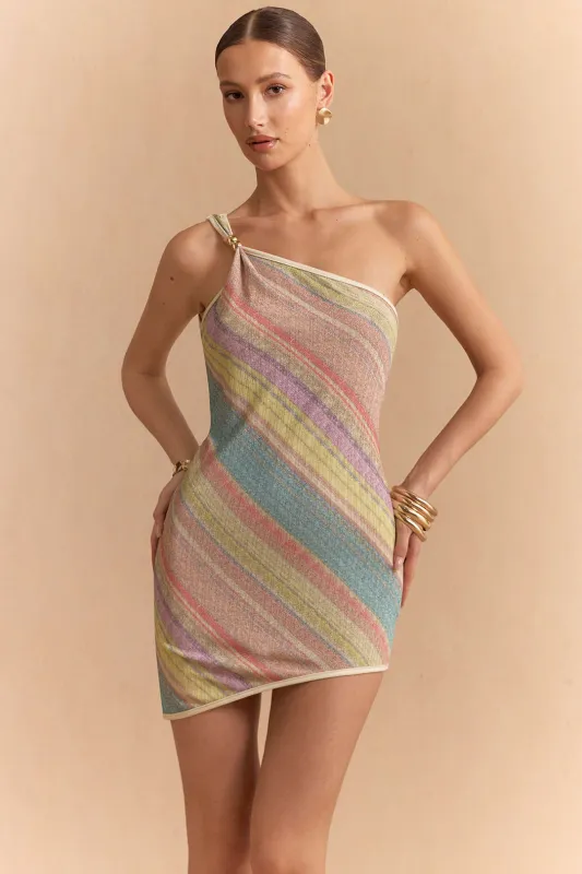 Contrast Metallic One Shoulder Asymmetrical Sleeveless Mini Dress sold by Micas