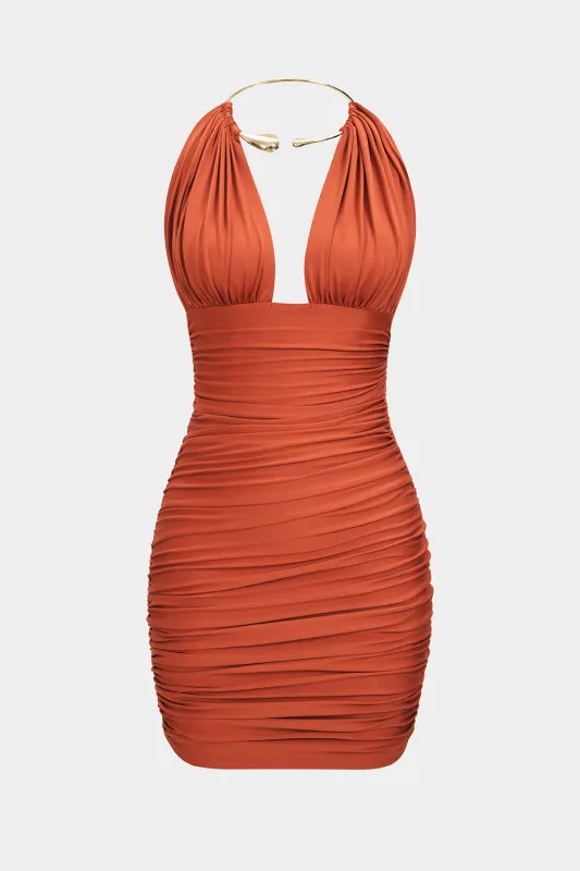 Metallic Halter Backless Ruched Sleeveless Mini Dress sold by Micas