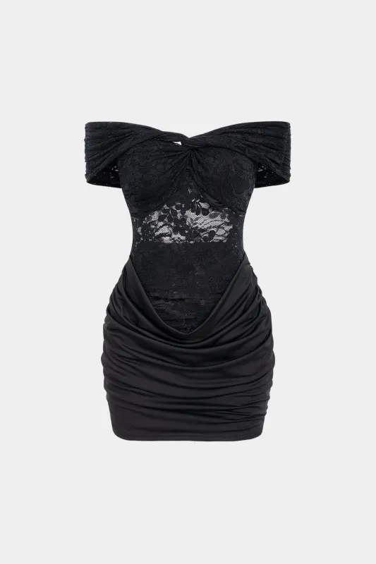 Lace Patchwork Twist Knot Off Shoulder Ruched Sleeveless Mini Dress sold by Micas
