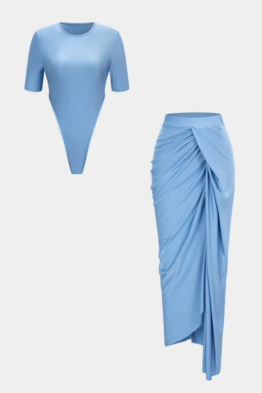 Solid Round Neck Short Sleeve Bodysuit And Side Split Asymmetrical Ruched Skirt Set sold by Micas