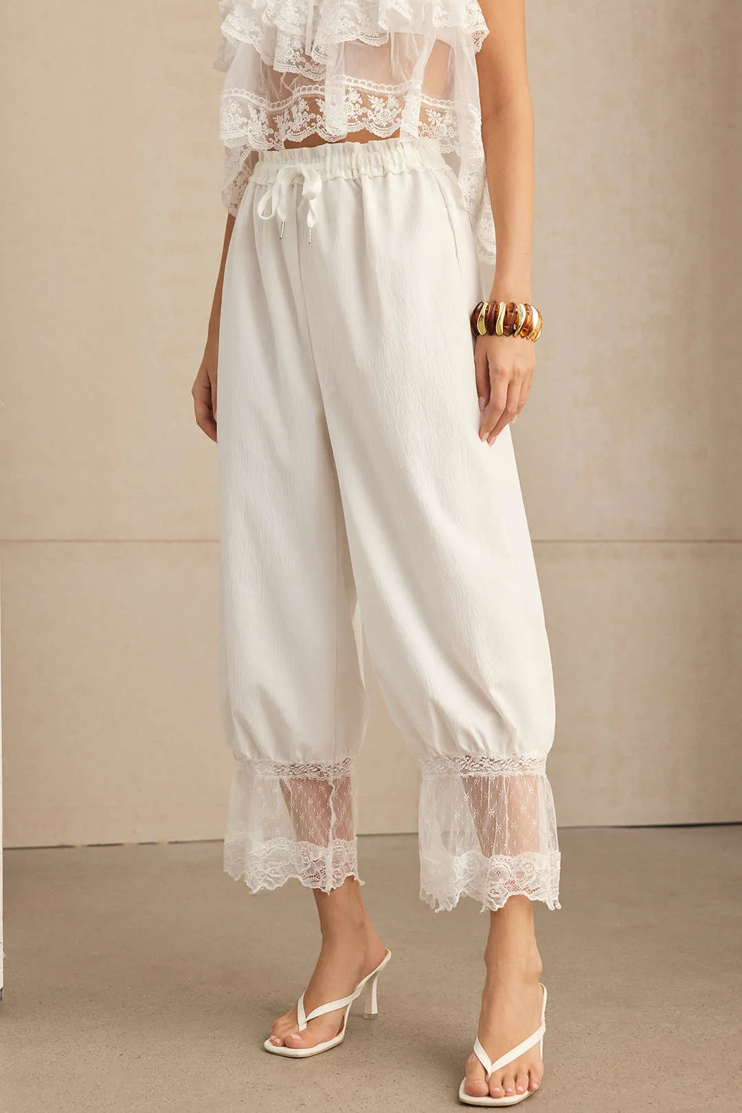 Patchwork Lace Drawstring Shirred Waistband Lantern Pants sold by Micas