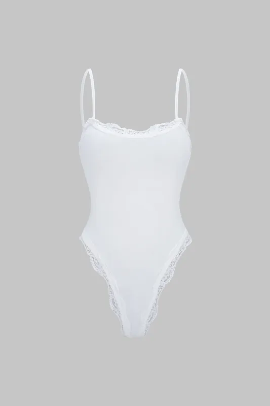 Solid Patchwork Lace Trim Bodysuit sold by Micas