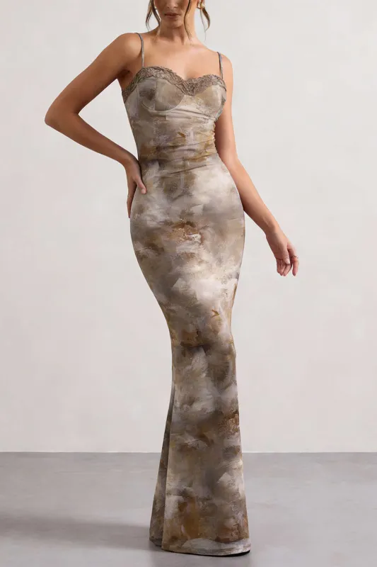 Abstract Print Patchwork Lace Trim Bustier Sleeveless Maxi Dress made by Micas