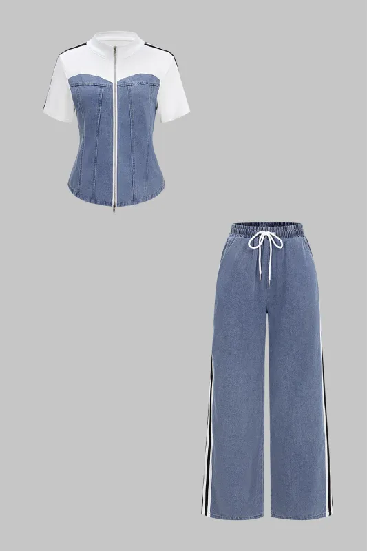 Denim Patchwork Mock Neck Zipper Short Sleeve Top And Drawstring Shirred Waistband Jeans Set made by Micas