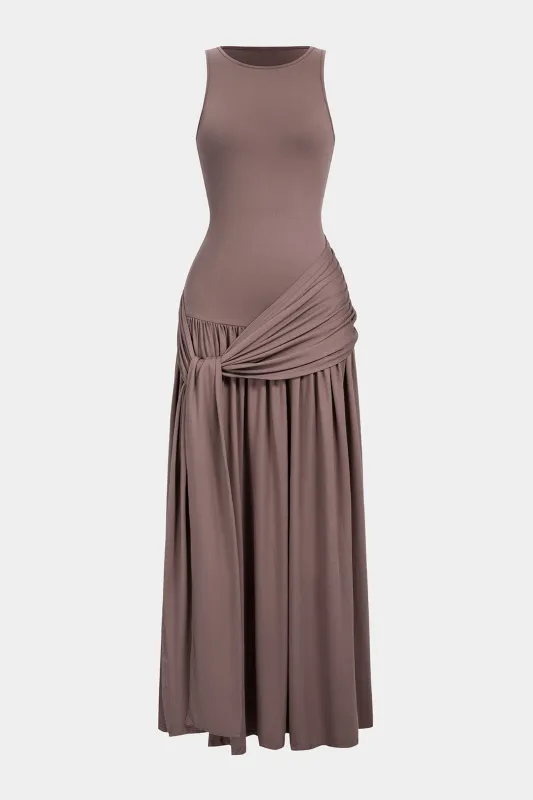 Tie Front Round Neck Ruched Sleeveless Maxi Dress sold by Micas