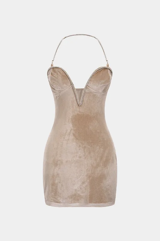Velvet Halter V-Neck Rhinestone Decor Backless Sleeveless Mini Dress sold by Micas
