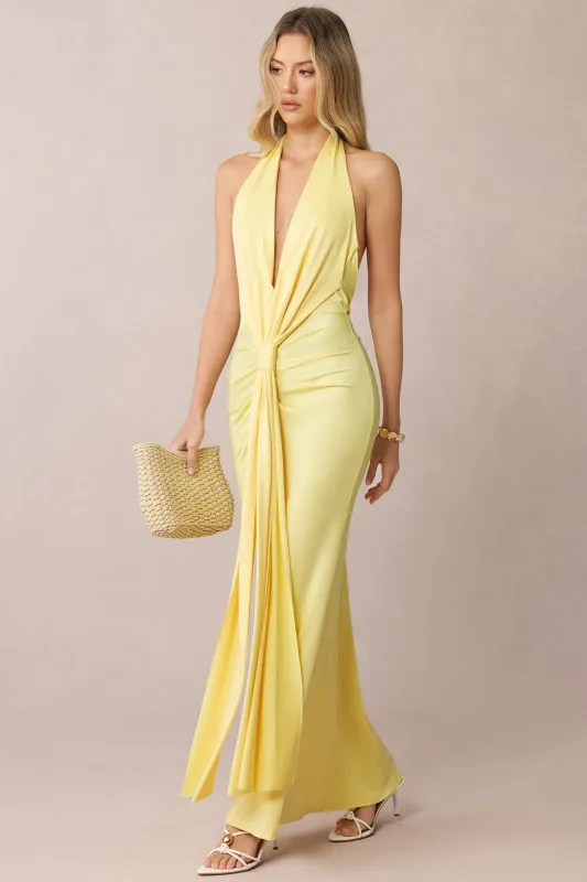 Halter Deep V-Neck Backless Ruched Maxi Dress sold by Micas