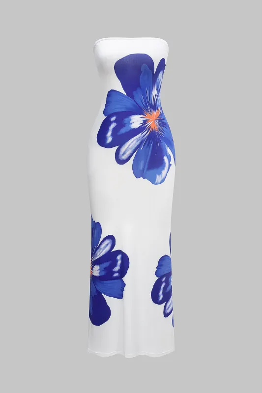 Floral Print Satin Strapless Sleeveless Maxi Dress made by Micas