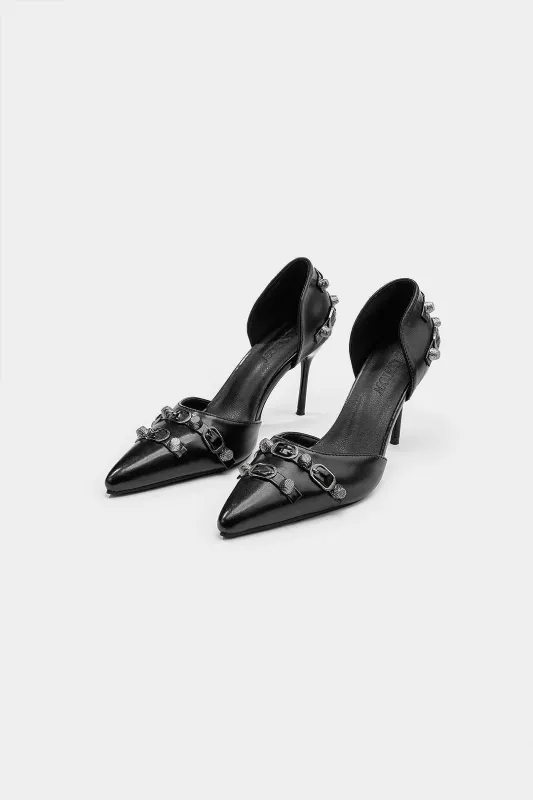 Studded Rivet Faux Leather Pointed Heels sold by Micas