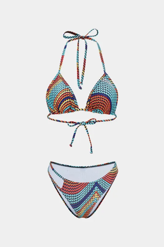Contrast Halter Neck Tie Up Bikini Set sold by Micas