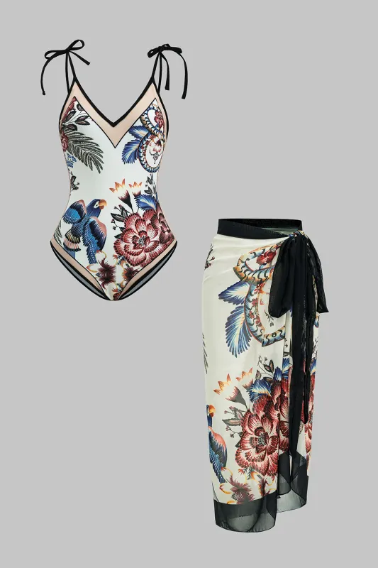 Bird Floral Print Contrast Tie Up Bikini Set sold by Micas