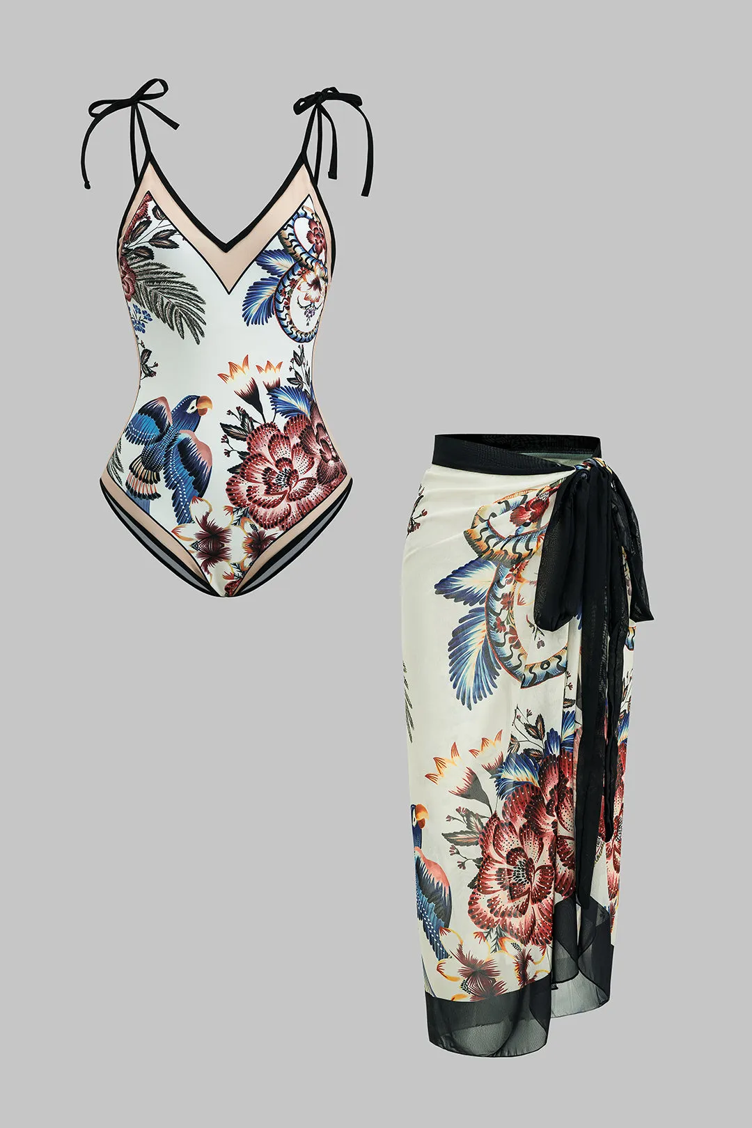 Bird Floral Print Contrast Tie Up Bikini Set sold by Micas