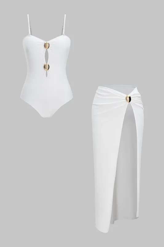 Metallic Decor Ruched Cut Out High Split Bikini Set sold by Micas