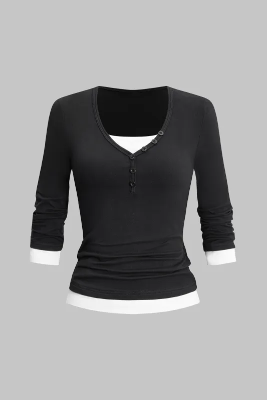 Knit Button Contrast Long-Sleeve Top sold by Micas