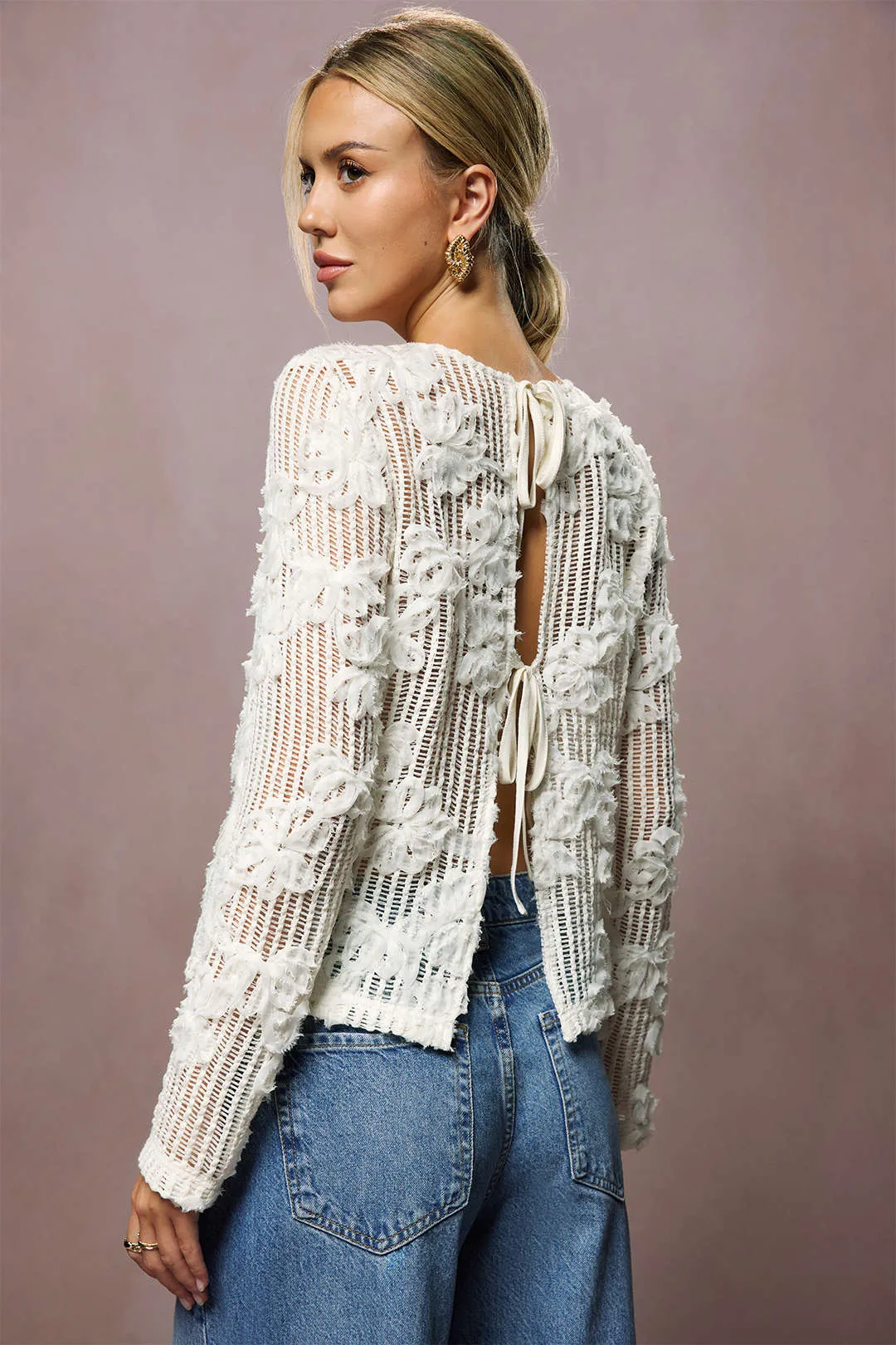 3D Floral Tie-Back Long-Sleeve Top sold by Micas