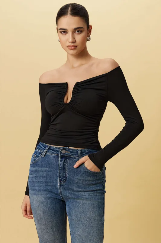 Off Shoulder Ruched Long-Sleeve Top sold by Micas