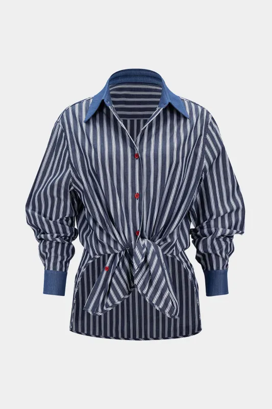 Contrast Stripes Print Denim Patchwork  Button Long-Sleeve Shirt sold by Micas
