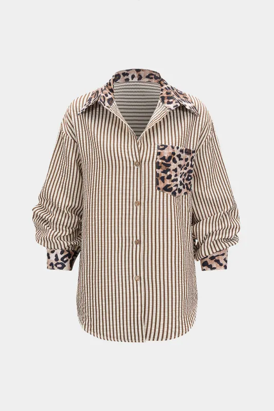 Striped Leopard Print Button Long-Sleeve Shirt sold by Micas