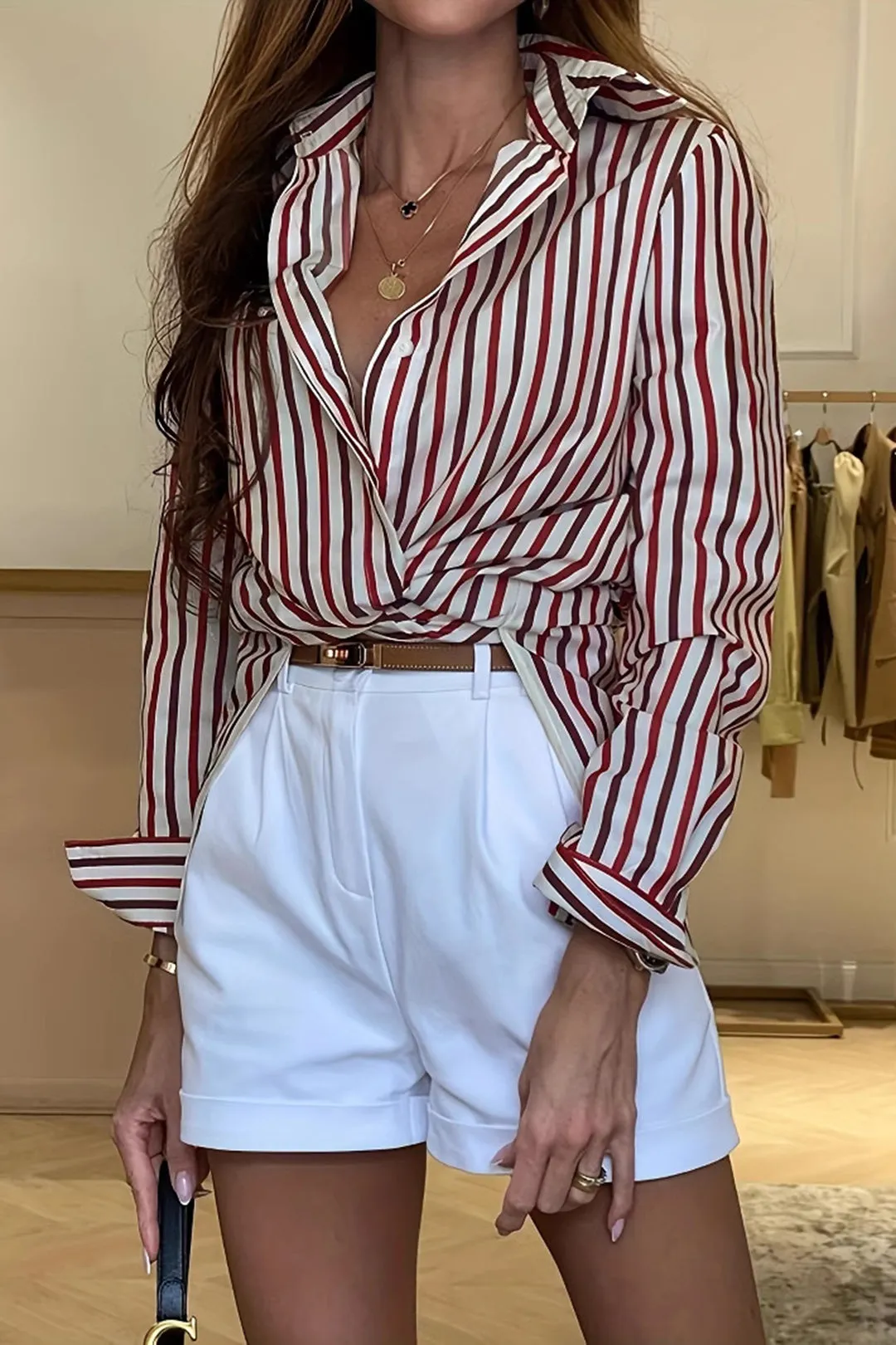 Stripes Print Button Long-Sleeve Shirt sold by Micas