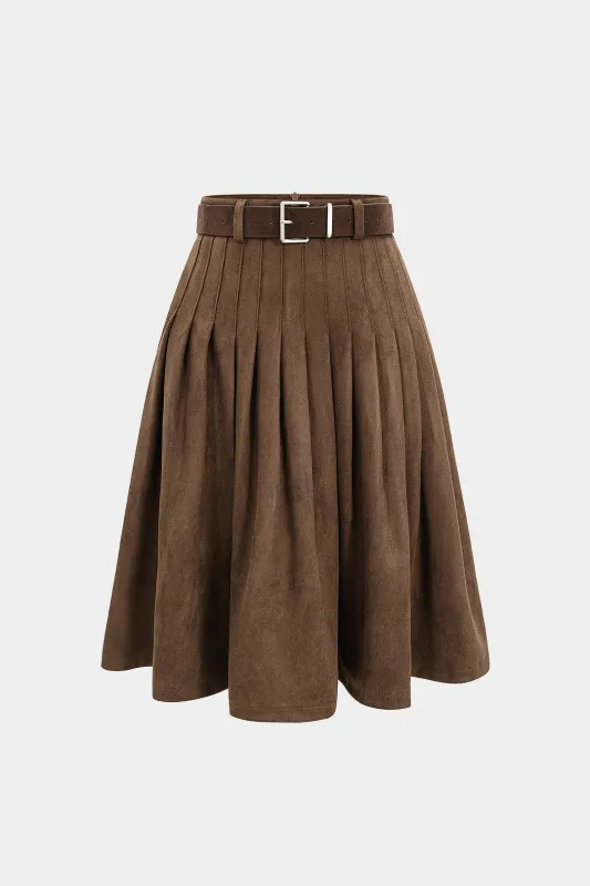 Suede Pleated Belted Skirt sold by Micas