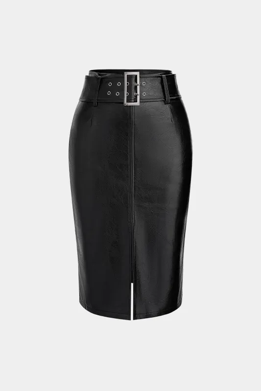 Faux Leather Belted Skirt sold by Micas