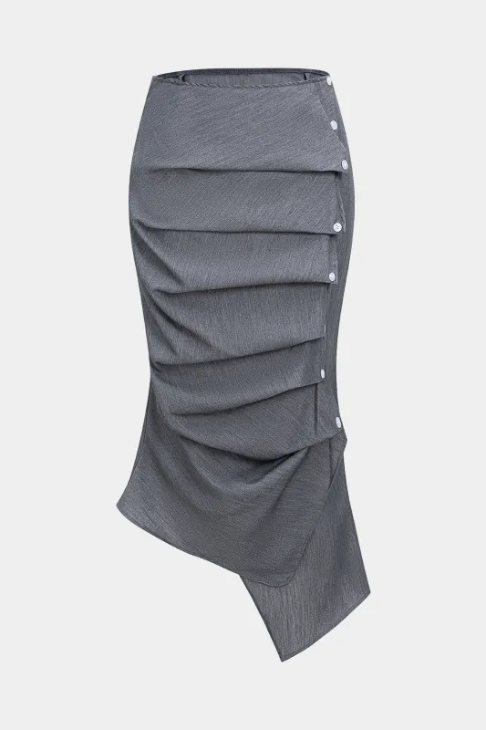 Irregular Ruched Asymmetrical Button Skirt sold by Micas