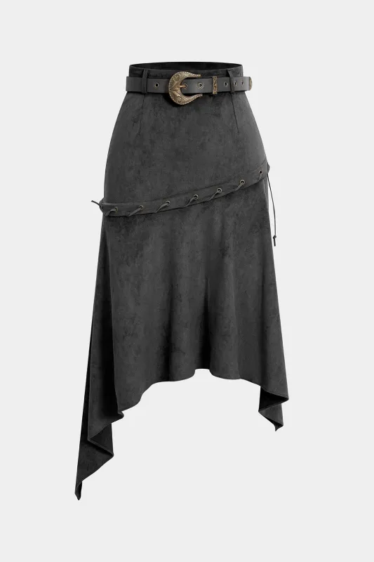 Suede Belted Irregular Hem High Waist Skirt sold by Micas