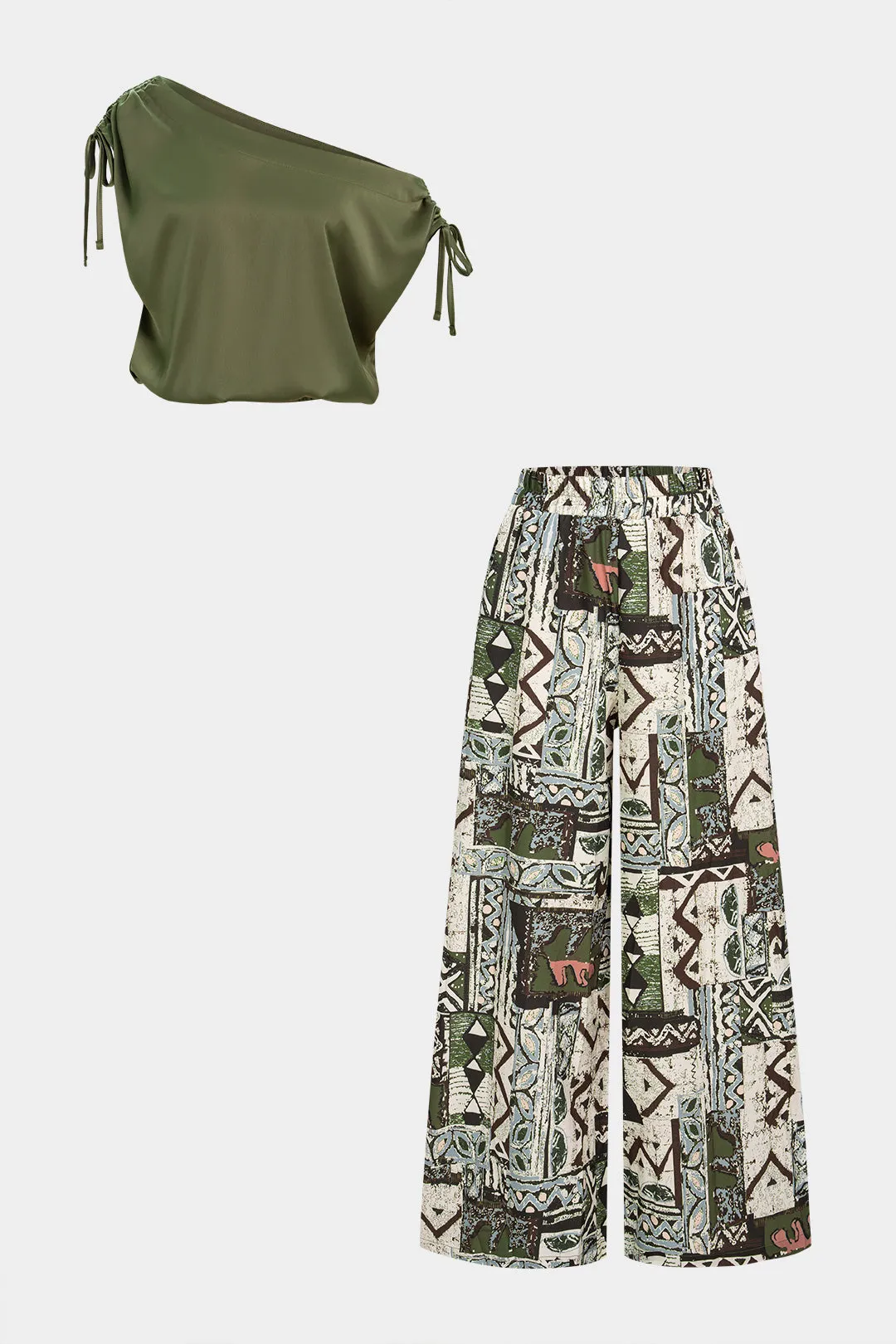 Satin One Shoulder Tie-Up Sleeveless Top And Geometric Print Wide-Leg Pants Set sold by Micas
