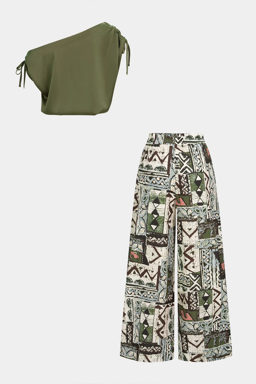 Satin One Shoulder Tie-Up Sleeveless Top And Geometric Print Wide-Leg Pants Set sold by Micas product image thumbnail 2