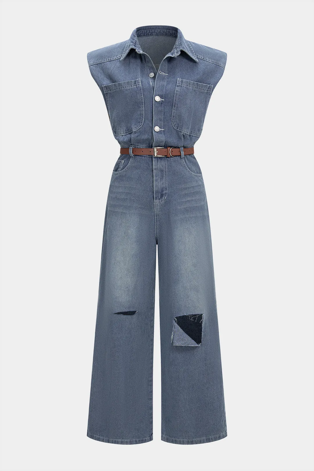 Denim Button Belted Ripped Sleeveless Jumpsuit sold by Micas