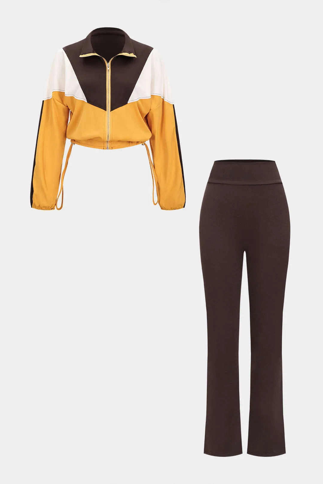 Contrast Lapel Zipper Drawstring Long-Sleeve Cardigan And High Waist Pants Set sold by Micas