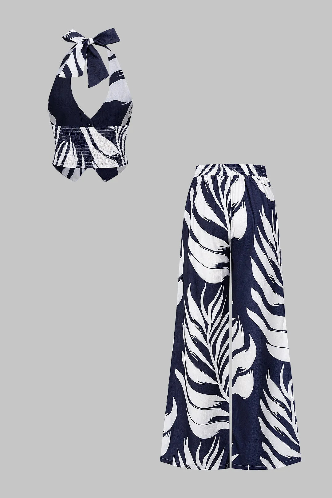 Contrast Leaves Print Halter V-Neck Tie-Up Top And Wide Leg Pants Set sold by Micas product image thumbnail 2