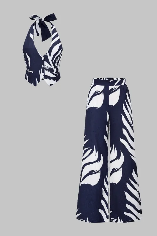 Contrast Leaves Print Halter V-Neck Tie-Up Top And Wide Leg Pants Set sold by Micas